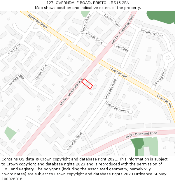 127, OVERNDALE ROAD, BRISTOL, BS16 2RN: Location map and indicative extent of plot