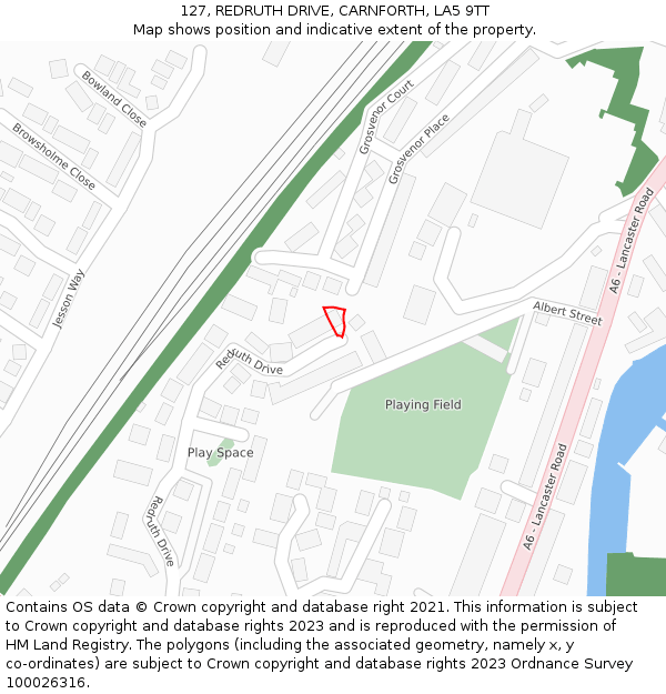 127, REDRUTH DRIVE, CARNFORTH, LA5 9TT: Location map and indicative extent of plot