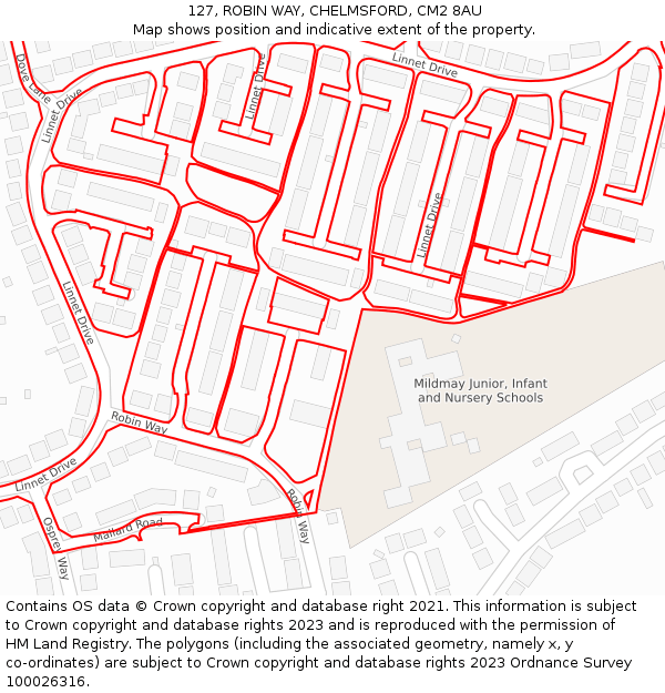 127, ROBIN WAY, CHELMSFORD, CM2 8AU: Location map and indicative extent of plot