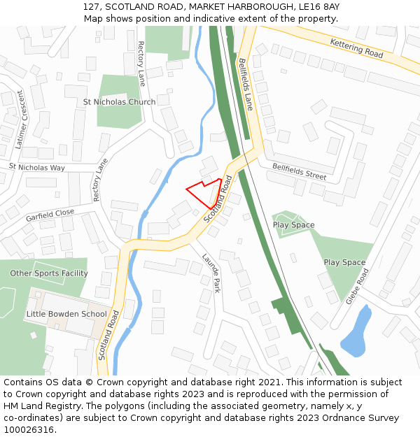 127, SCOTLAND ROAD, MARKET HARBOROUGH, LE16 8AY: Location map and indicative extent of plot