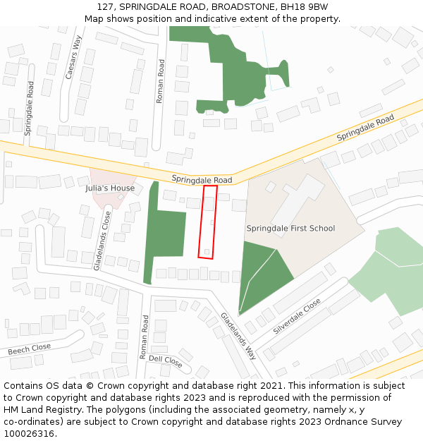 127, SPRINGDALE ROAD, BROADSTONE, BH18 9BW: Location map and indicative extent of plot