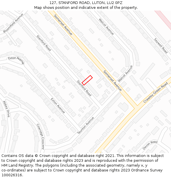 127, STANFORD ROAD, LUTON, LU2 0PZ: Location map and indicative extent of plot