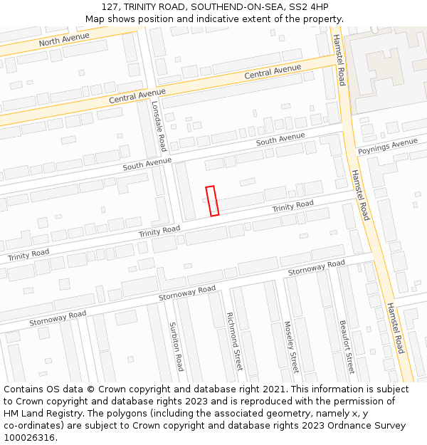 127, TRINITY ROAD, SOUTHEND-ON-SEA, SS2 4HP: Location map and indicative extent of plot