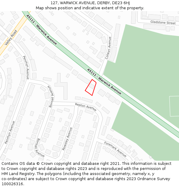 127, WARWICK AVENUE, DERBY, DE23 6HJ: Location map and indicative extent of plot