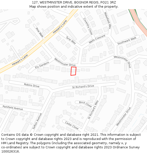 127, WESTMINSTER DRIVE, BOGNOR REGIS, PO21 3RZ: Location map and indicative extent of plot