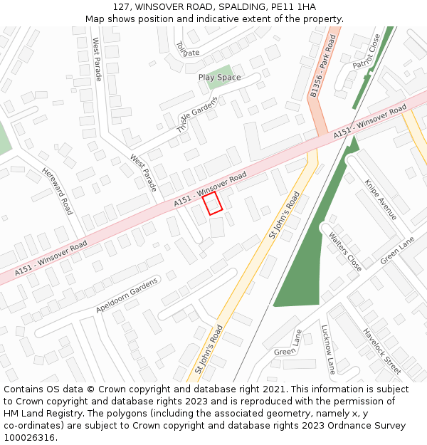 127, WINSOVER ROAD, SPALDING, PE11 1HA: Location map and indicative extent of plot