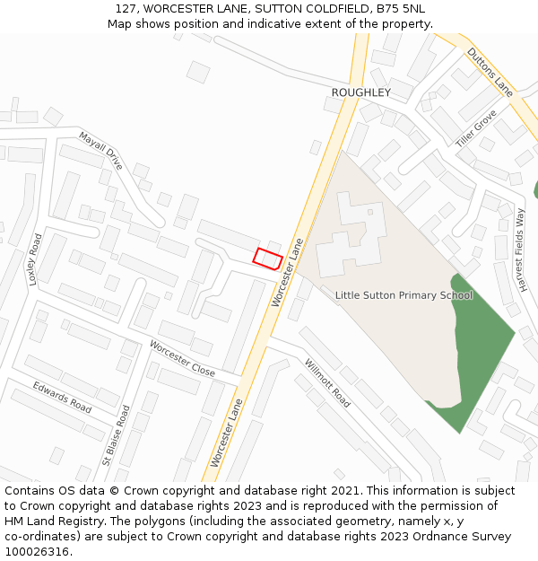 127, WORCESTER LANE, SUTTON COLDFIELD, B75 5NL: Location map and indicative extent of plot