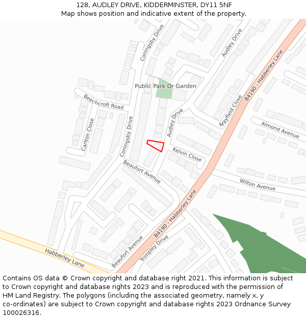 128, AUDLEY DRIVE, KIDDERMINSTER, DY11 5NF: Location map and indicative extent of plot