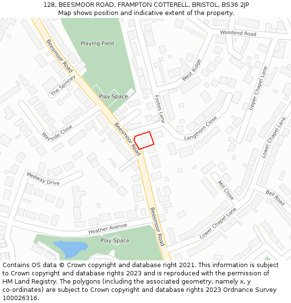 128, BEESMOOR ROAD, FRAMPTON COTTERELL, BRISTOL, BS36 2JP: Location map and indicative extent of plot