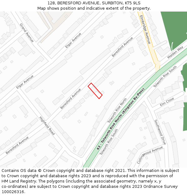 128, BERESFORD AVENUE, SURBITON, KT5 9LS: Location map and indicative extent of plot