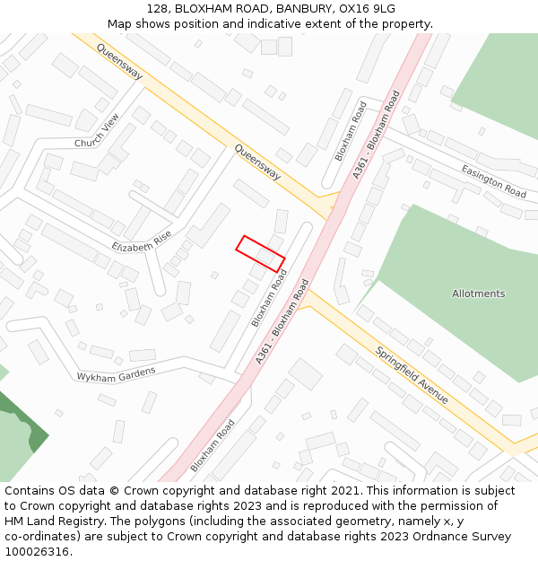 128, BLOXHAM ROAD, BANBURY, OX16 9LG: Location map and indicative extent of plot