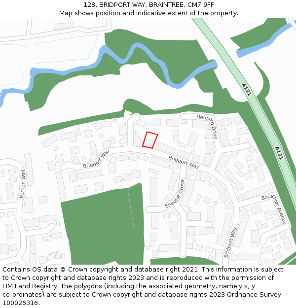 128, BRIDPORT WAY, BRAINTREE, CM7 9FF: Location map and indicative extent of plot