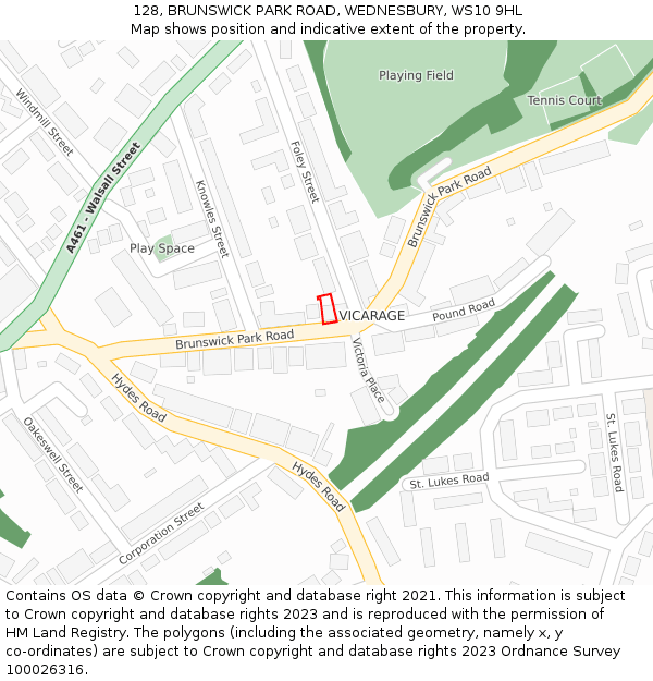 128, BRUNSWICK PARK ROAD, WEDNESBURY, WS10 9HL: Location map and indicative extent of plot