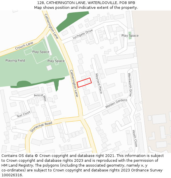 128, CATHERINGTON LANE, WATERLOOVILLE, PO8 9PB: Location map and indicative extent of plot
