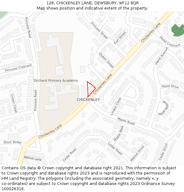 128, CHICKENLEY LANE, DEWSBURY, WF12 8QR: Location map and indicative extent of plot