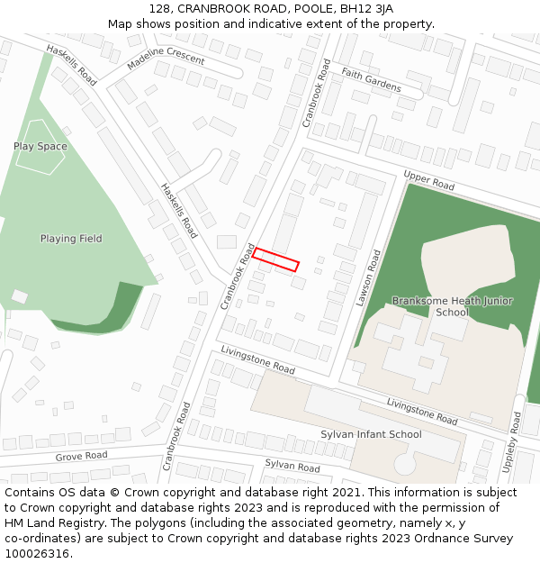 128, CRANBROOK ROAD, POOLE, BH12 3JA: Location map and indicative extent of plot
