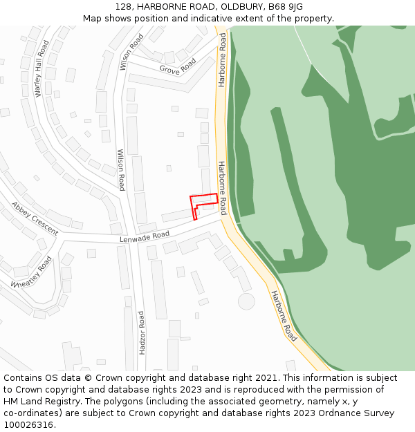 128, HARBORNE ROAD, OLDBURY, B68 9JG: Location map and indicative extent of plot