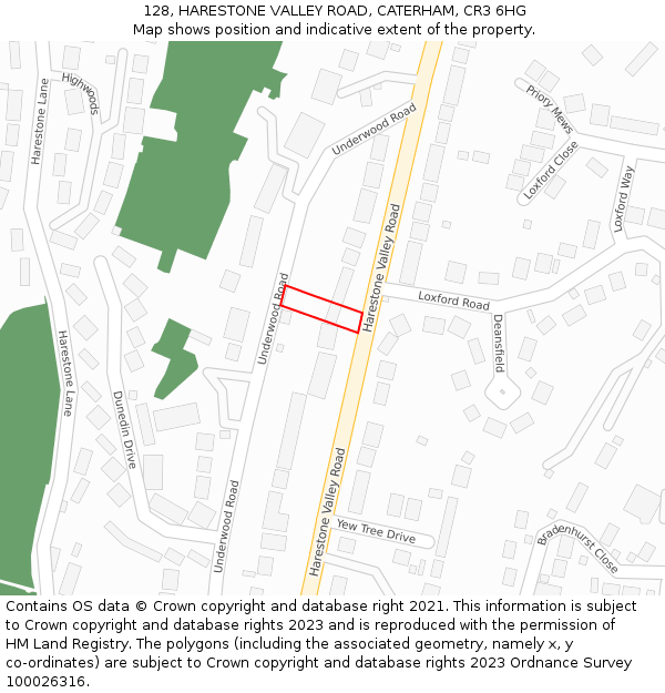 128, HARESTONE VALLEY ROAD, CATERHAM, CR3 6HG: Location map and indicative extent of plot