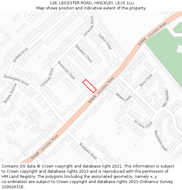 128, LEICESTER ROAD, HINCKLEY, LE10 1LU: Location map and indicative extent of plot