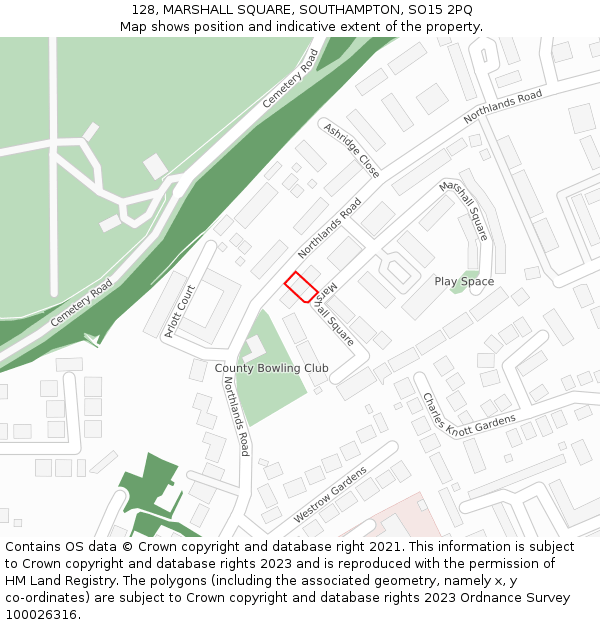 128, MARSHALL SQUARE, SOUTHAMPTON, SO15 2PQ: Location map and indicative extent of plot