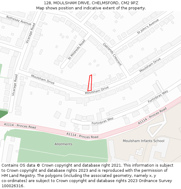 128, MOULSHAM DRIVE, CHELMSFORD, CM2 9PZ: Location map and indicative extent of plot