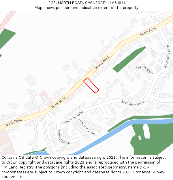 128, NORTH ROAD, CARNFORTH, LA5 9LU: Location map and indicative extent of plot