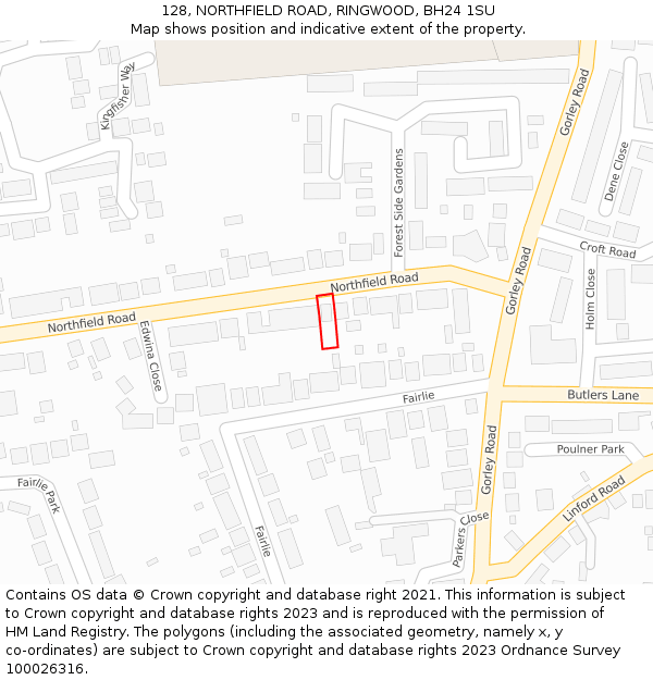 128, NORTHFIELD ROAD, RINGWOOD, BH24 1SU: Location map and indicative extent of plot