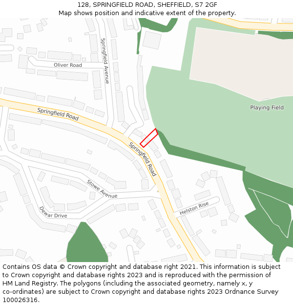 128, SPRINGFIELD ROAD, SHEFFIELD, S7 2GF: Location map and indicative extent of plot