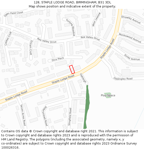 128, STAPLE LODGE ROAD, BIRMINGHAM, B31 3DL: Location map and indicative extent of plot