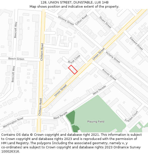 128, UNION STREET, DUNSTABLE, LU6 1HB: Location map and indicative extent of plot