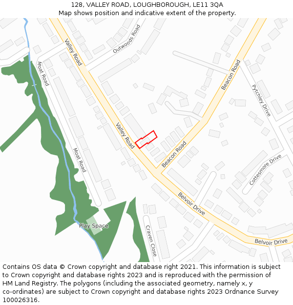 128, VALLEY ROAD, LOUGHBOROUGH, LE11 3QA: Location map and indicative extent of plot