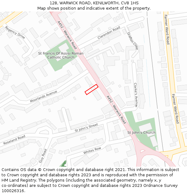 128, WARWICK ROAD, KENILWORTH, CV8 1HS: Location map and indicative extent of plot