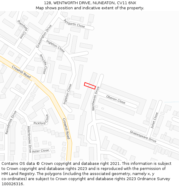 128, WENTWORTH DRIVE, NUNEATON, CV11 6NX: Location map and indicative extent of plot