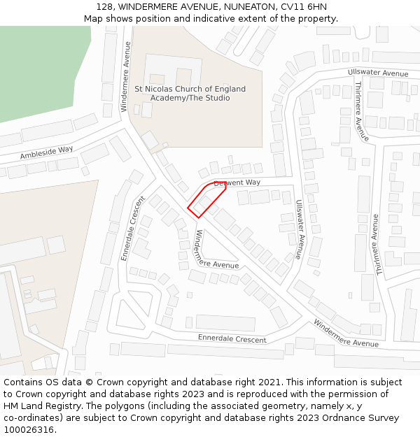 128, WINDERMERE AVENUE, NUNEATON, CV11 6HN: Location map and indicative extent of plot