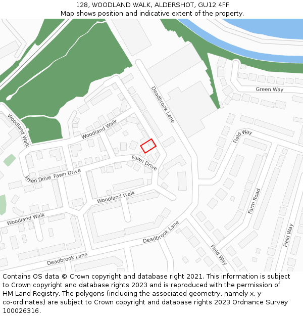 128, WOODLAND WALK, ALDERSHOT, GU12 4FF: Location map and indicative extent of plot