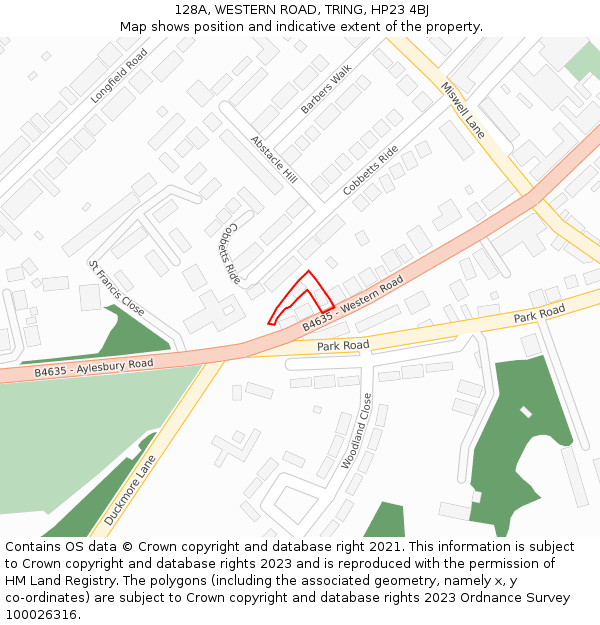 128A, WESTERN ROAD, TRING, HP23 4BJ: Location map and indicative extent of plot