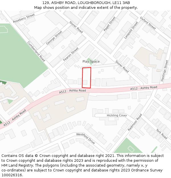 129, ASHBY ROAD, LOUGHBOROUGH, LE11 3AB: Location map and indicative extent of plot