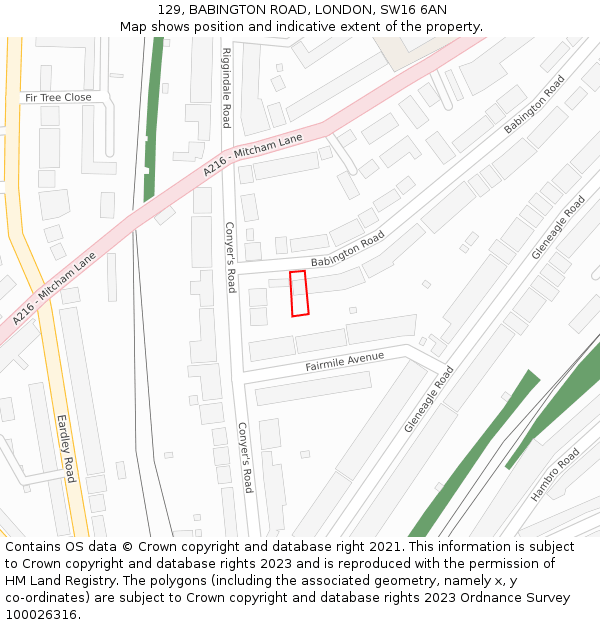 129, BABINGTON ROAD, LONDON, SW16 6AN: Location map and indicative extent of plot