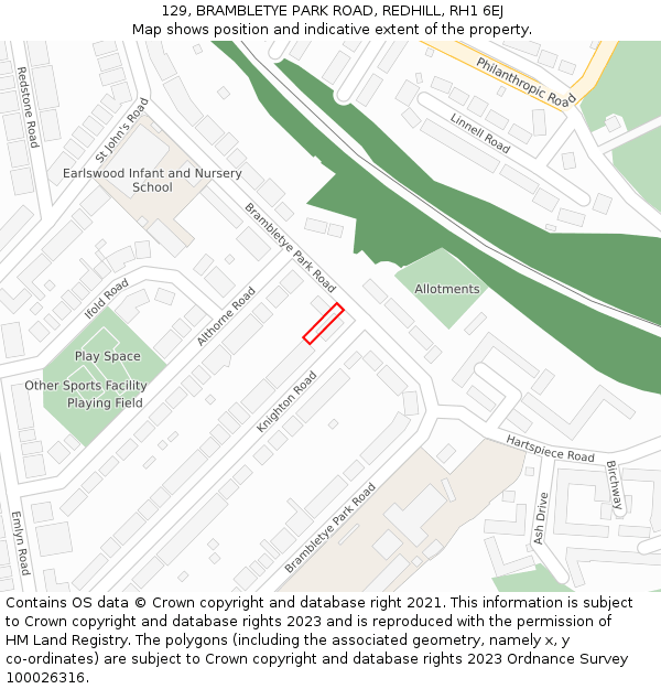 129, BRAMBLETYE PARK ROAD, REDHILL, RH1 6EJ: Location map and indicative extent of plot