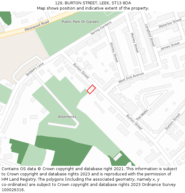 129, BURTON STREET, LEEK, ST13 8DA: Location map and indicative extent of plot