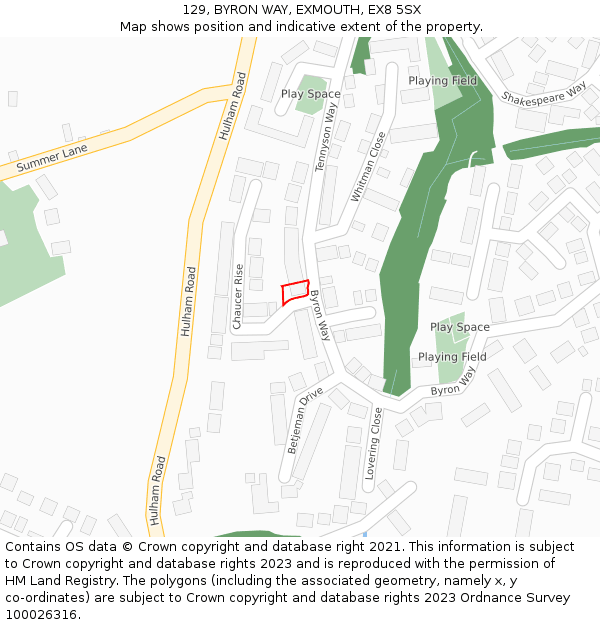 129, BYRON WAY, EXMOUTH, EX8 5SX: Location map and indicative extent of plot