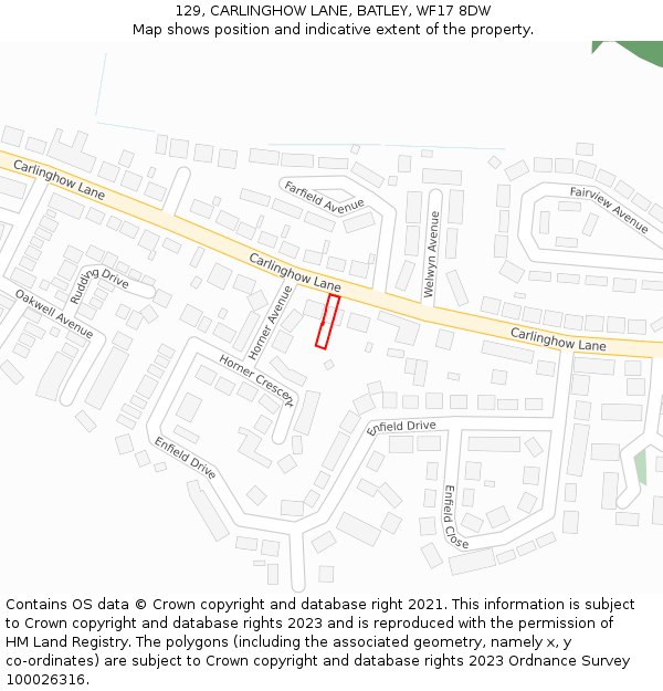 129, CARLINGHOW LANE, BATLEY, WF17 8DW: Location map and indicative extent of plot