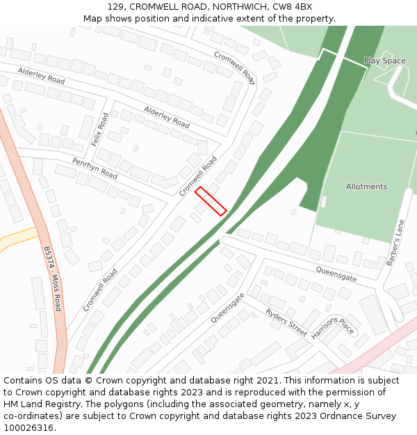 129, CROMWELL ROAD, NORTHWICH, CW8 4BX: Location map and indicative extent of plot