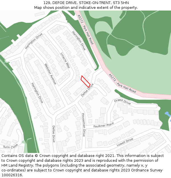 129, DEFOE DRIVE, STOKE-ON-TRENT, ST3 5HN: Location map and indicative extent of plot