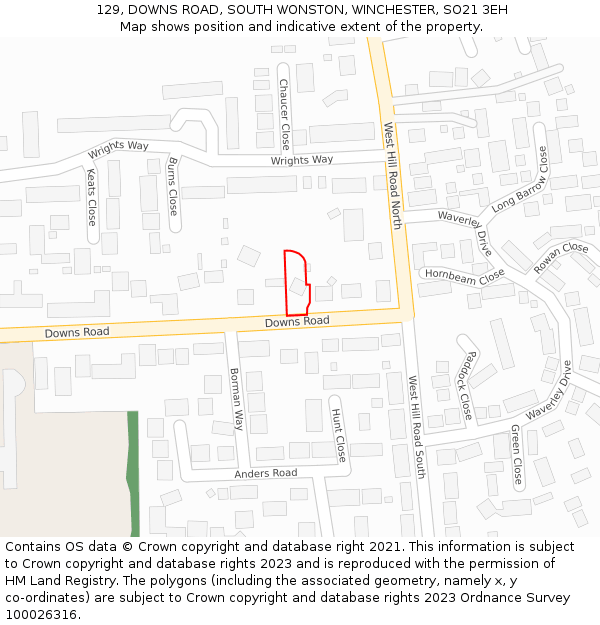 129, DOWNS ROAD, SOUTH WONSTON, WINCHESTER, SO21 3EH: Location map and indicative extent of plot