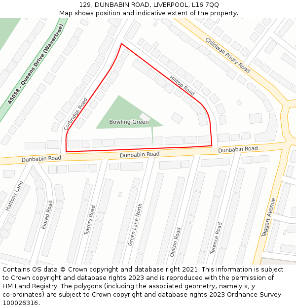 129, DUNBABIN ROAD, LIVERPOOL, L16 7QQ: Location map and indicative extent of plot