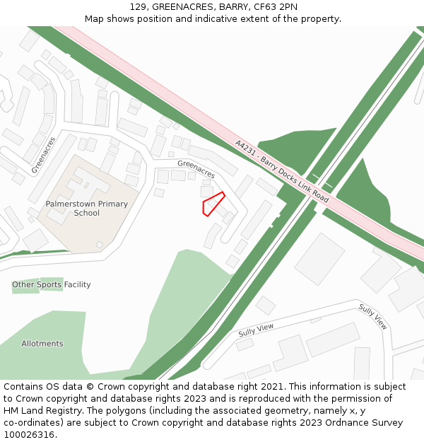 129, GREENACRES, BARRY, CF63 2PN: Location map and indicative extent of plot