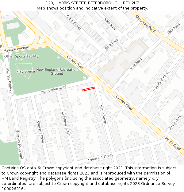 129, HARRIS STREET, PETERBOROUGH, PE1 2LZ: Location map and indicative extent of plot