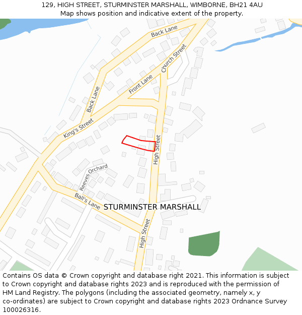 129, HIGH STREET, STURMINSTER MARSHALL, WIMBORNE, BH21 4AU: Location map and indicative extent of plot