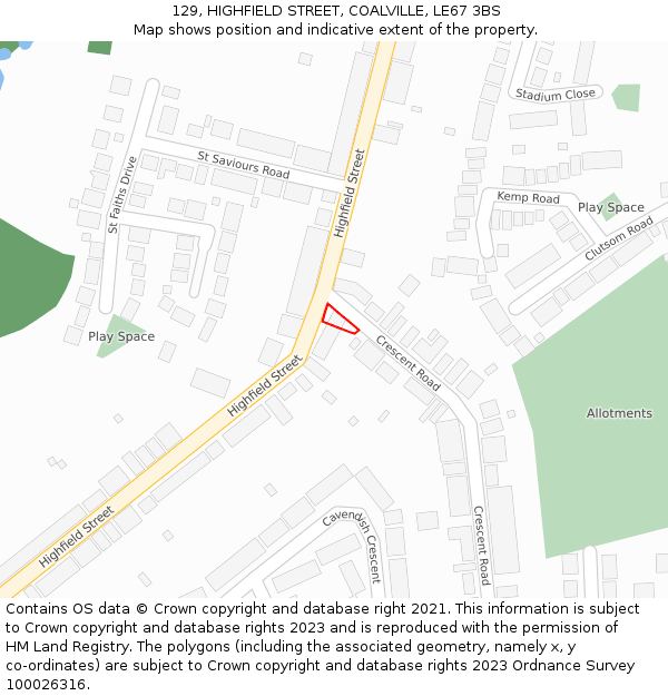 129, HIGHFIELD STREET, COALVILLE, LE67 3BS: Location map and indicative extent of plot